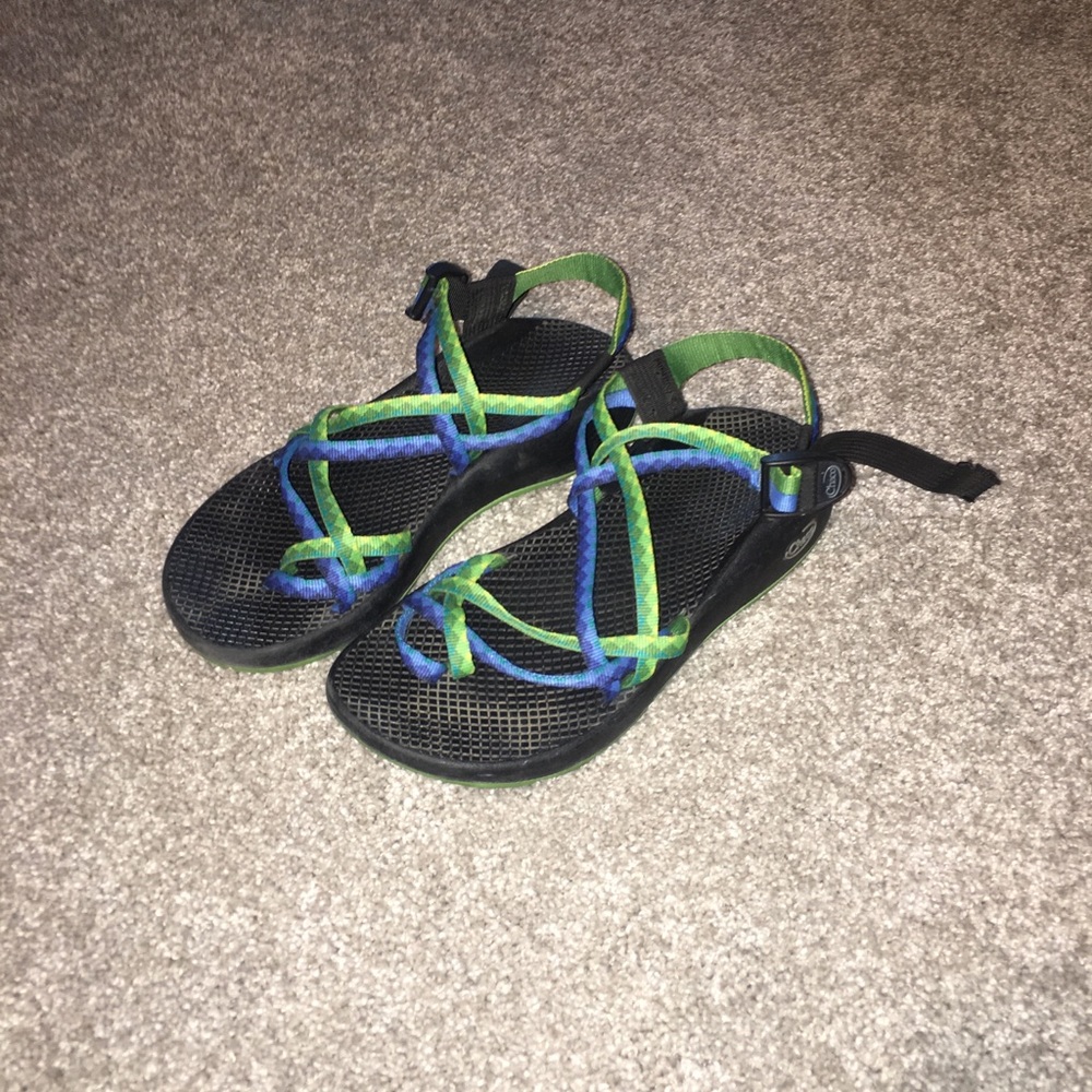 green and blue chacos